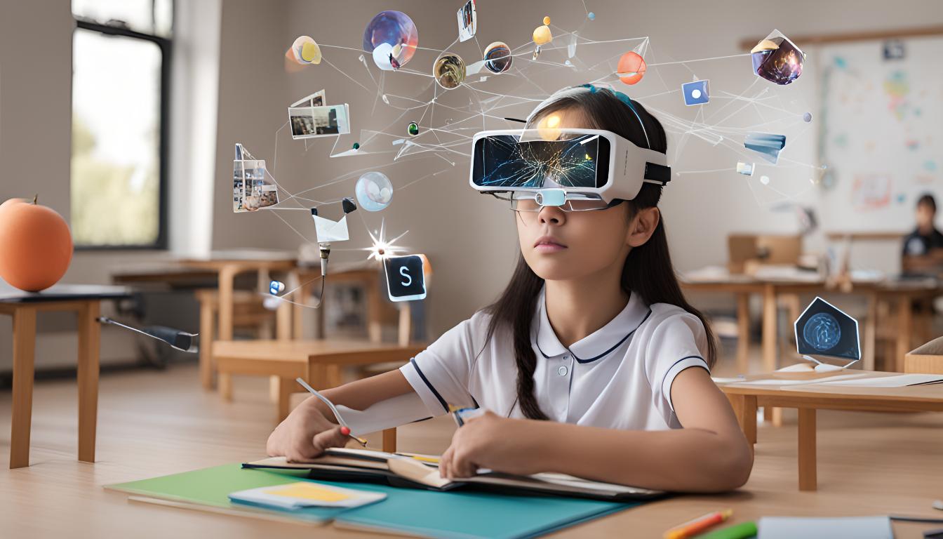 Young student wearing AR glasses in a classroom, interacting with floating 3D models and animations, representing the integration of advanced 3D art and animation in the AR model development process by Exposit.