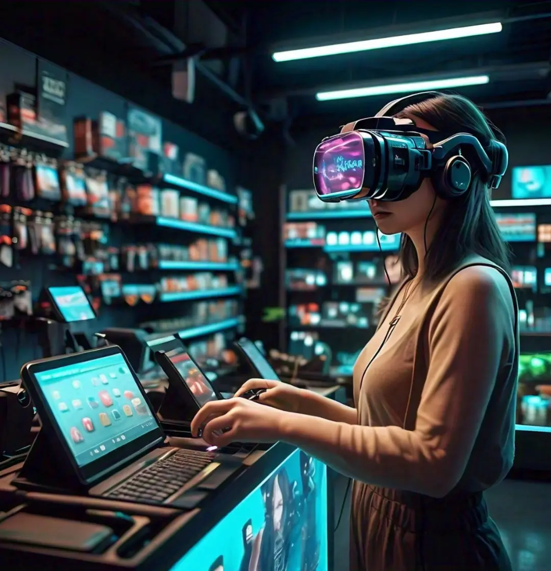 Woman wearing a VR headset and headphones, interacting with a laptop in a modern e-commerce showroom, surrounded by various electronic devices and digital displays.