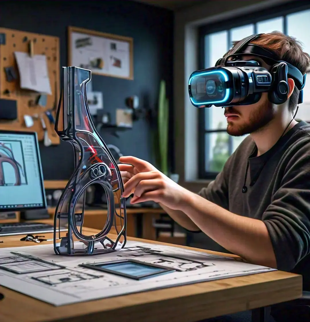 Designer wearing a VR headset, working on a virtual prototype of a car model in an office, with a detailed 3D model displayed on a desk and a computer showing design schematics in the background.