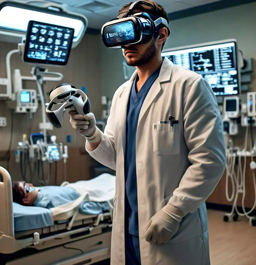 Doctor in a lab coat and gloves wearing a VR headset and holding a controller, practicing surgical procedures in a high-tech hospital room with a virtual patient in the background.