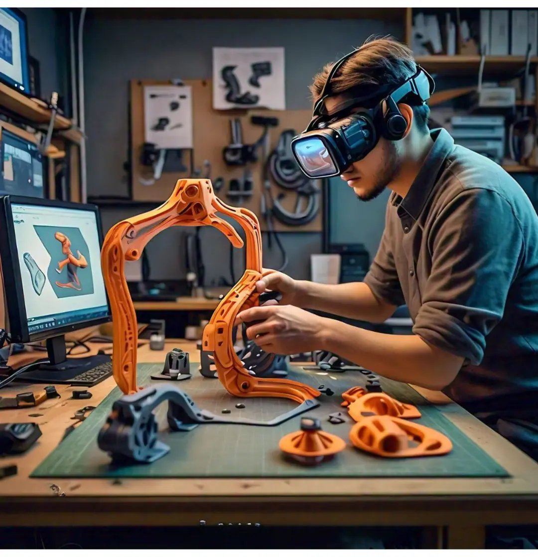 Engineer using a virtual reality headset and controller to test and assemble a complex 3D model prototype in a workshop, with multiple computer screens displaying 3D designs.