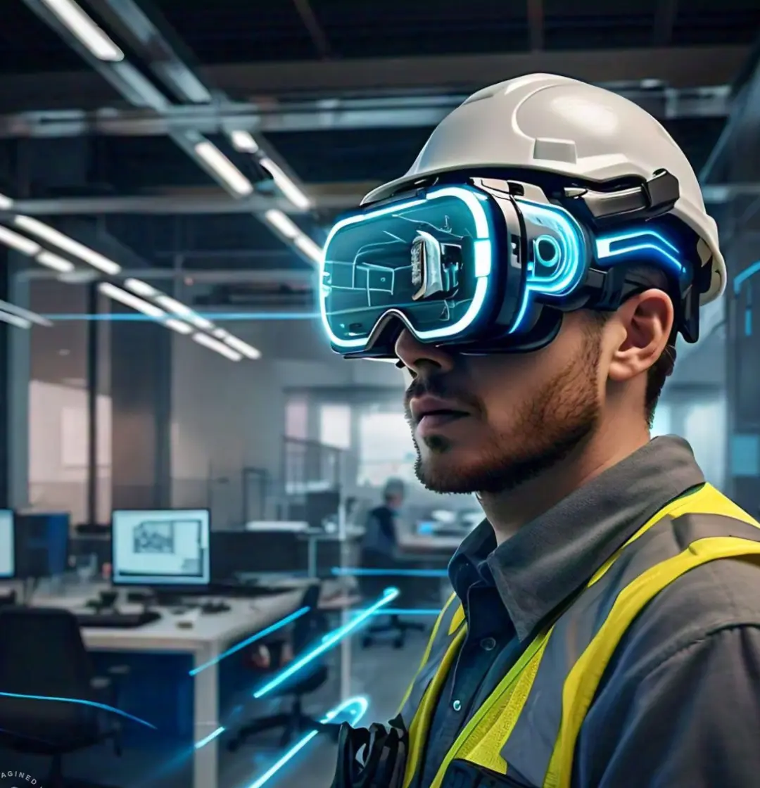 Engineer wearing a VR headset and hard hat, interacting with virtual 3D models in an office environment, showcasing architectural designs and layouts.