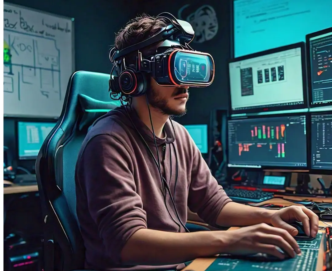 Man wearing a VR headset and headphones, working on a VR 3D modeling project at a desk with multiple computer monitors displaying complex data and designs.