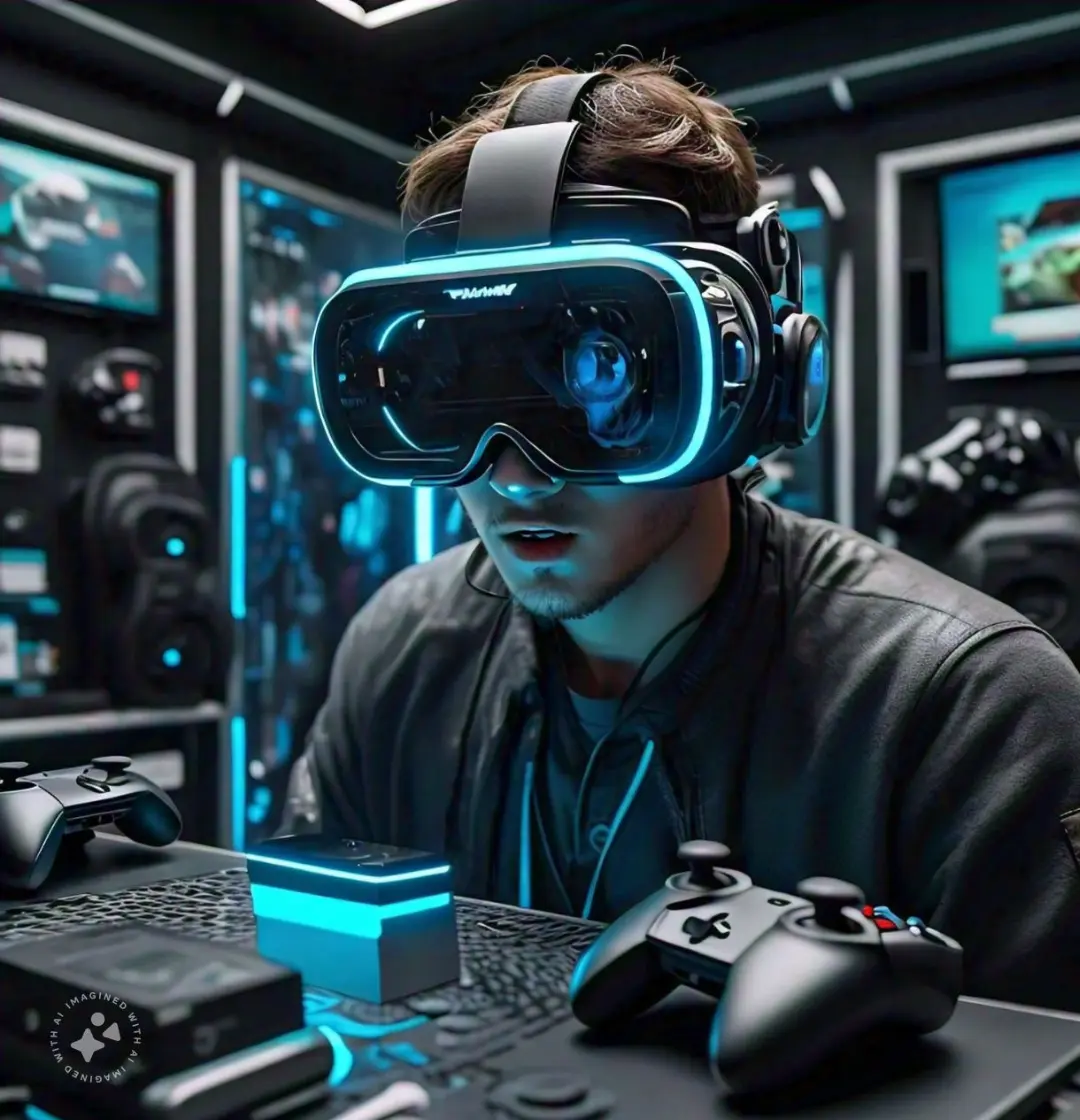 Young man wearing a VR headset and headphones, engaging in a virtual reality gaming experience in a high-tech room filled with gaming equipment and digital displays.