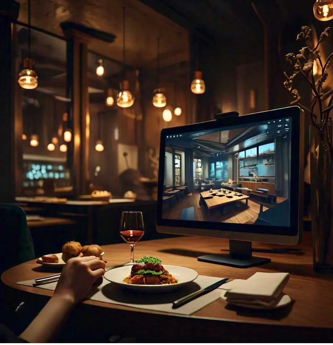 Person dining at a restaurant table with a computer screen displaying a virtual reality model of a restaurant interior, creating an immersive experience of the design concept.