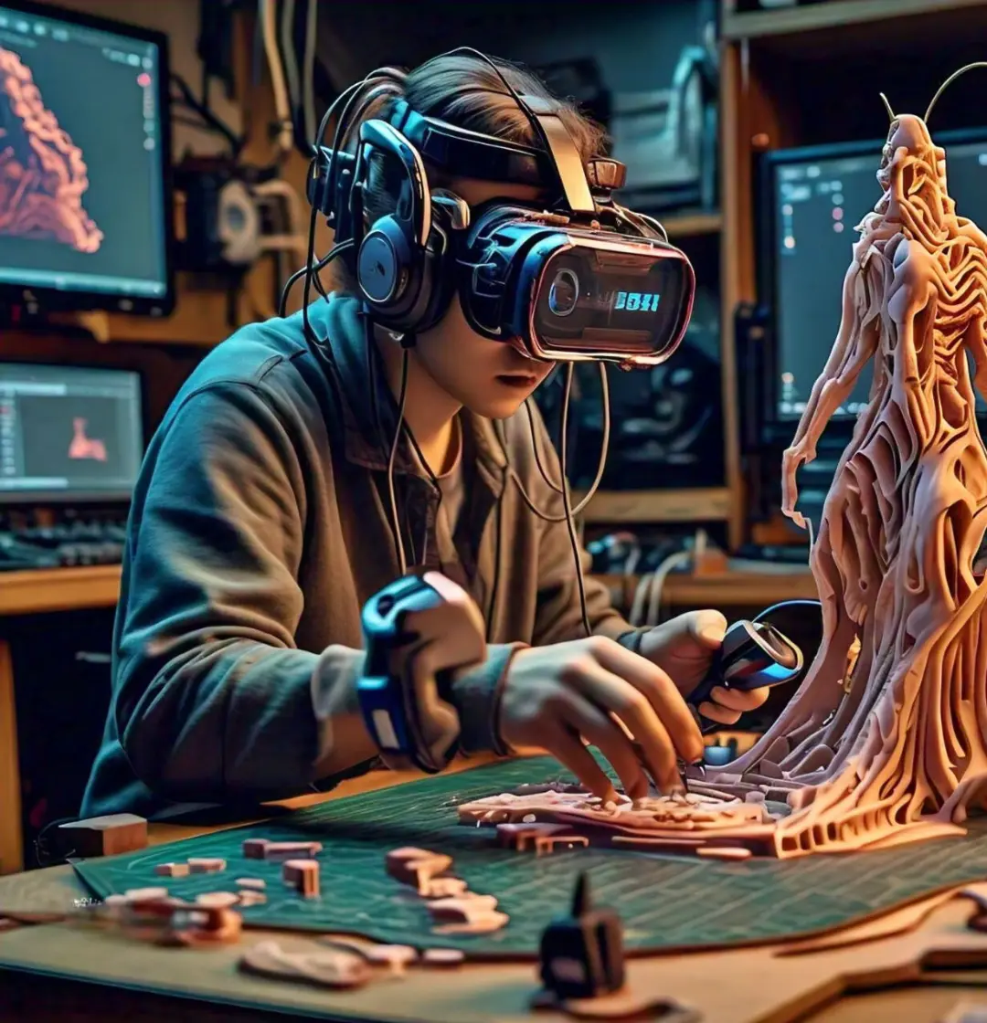 Person using a virtual reality headset and controller to create intricate 3D models, with multiple computer screens displaying 3D designs in the background.