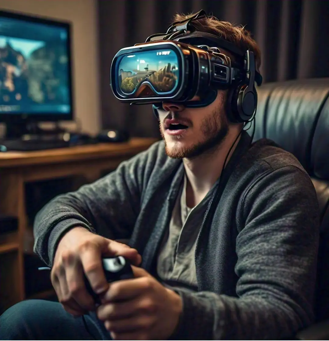 Man wearing a virtual reality headset and holding a controller, engaging with VR 3D models in a room with a computer in the background.