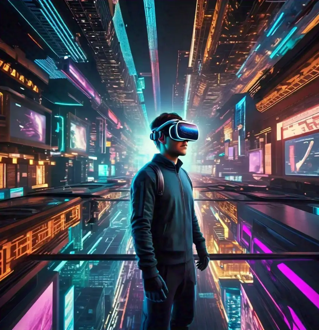 Man wearing a VR headset immersed in a vibrant, futuristic virtual reality environment with colorful neon lights and digital displays.