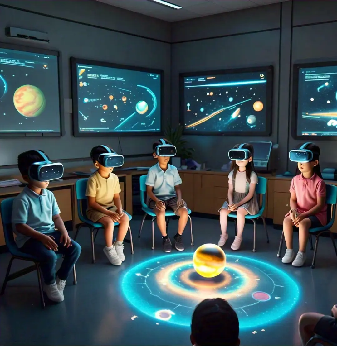 Group of children wearing VR headsets in a classroom, exploring a 3D model of the solar system projected on the floor, with screens displaying space visuals in the background.