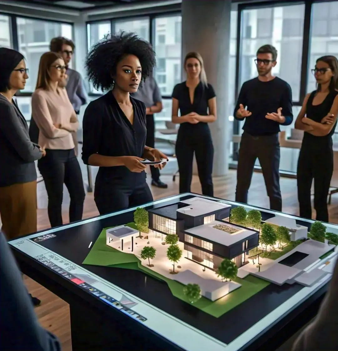 Diverse team of professionals discussing a VR 3D model of a building displayed on a large screen, with a woman holding a controller leading the presentation in a modern office setting.