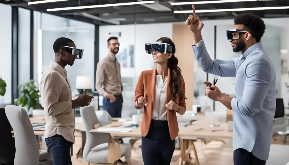 Team of professionals wearing augmented reality headsets in an office, demonstrating how AR models can create interactive digital overlays to boost customer engagement and brand loyalty through virtual product trials and interactive educational content.