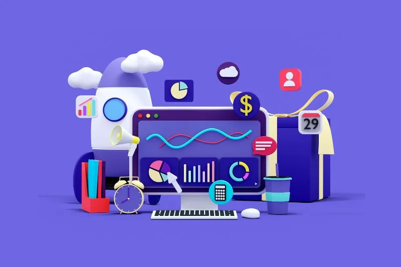 A colorful 3D illustration of a computer screen displaying graphs and charts, surrounded by marketing icons and a rocket, representing a marketing agency's use of 2D animated videos to enhance a product launch campaign, increase social media engagement, and boost product sales by 40%.