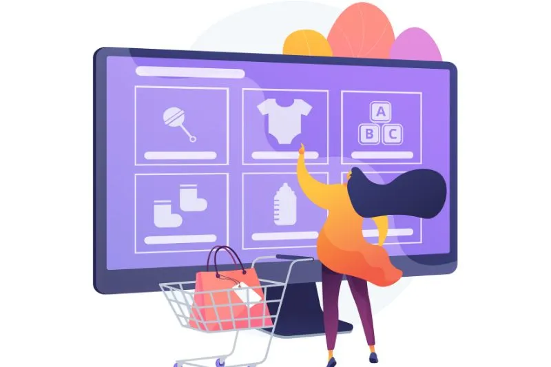 Illustration of a woman shopping online, interacting with a large screen displaying baby products, representing how a top 2D animation agency enhances e-commerce conversions through engaging animated explainer videos.