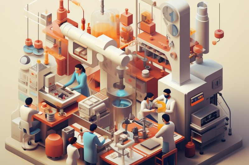 Detailed 3D illustration of a complex industrial setup with workers and machinery, demonstrating the use of industrial 3D animation in e-commerce for interactive product demonstrations and virtual try-ons to enhance customer experience and confidence.