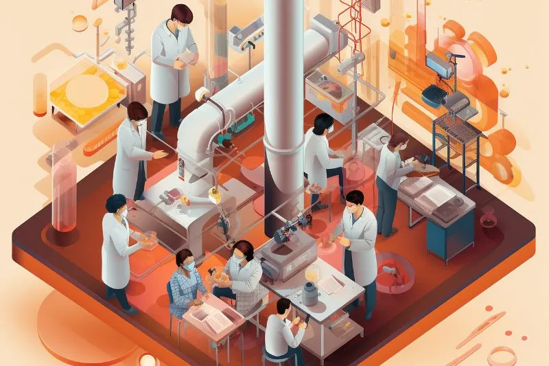 A 3D animation depicting a manufacturing environment with engineers and scientists working around complex machinery, showcasing the use of 3D animation videos to simplify and explain intricate assembly processes and machine operations for training and marketing in the manufacturing industry.