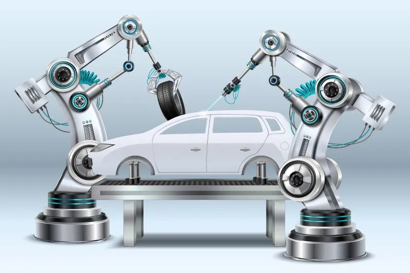 A 3D animation of robotic arms assembling a car on a production line, representing the use of advanced 3D animation services to showcase a new car model's features and capabilities at an international car exhibition.