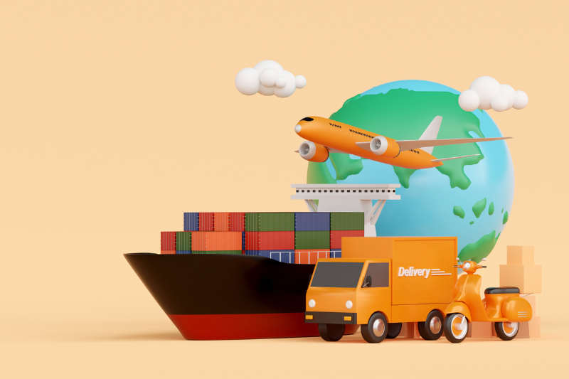 3D illustration depicting global logistics with a cargo ship, airplane, delivery truck, and scooter against a backdrop of the Earth, symbolizing industrial 3D animation solutions for optimizing supply chain operations.