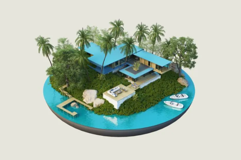 3D rendering of a luxury resort on a small island, surrounded by water, featuring modern architecture, lush greenery, palm trees, and boats, illustrating the use of 3D architectural animation services to showcase resort amenities and attract investors.