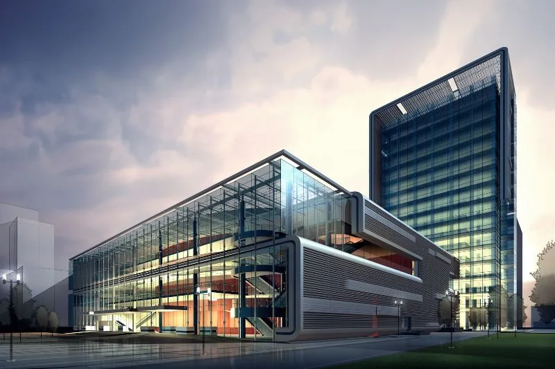 A 3D architectural animation of a proposed commercial office building featuring a sleek glass facade and modern design elements, highlighting exterior and interior details for a virtual tour presentation aimed at gaining stakeholder approval.