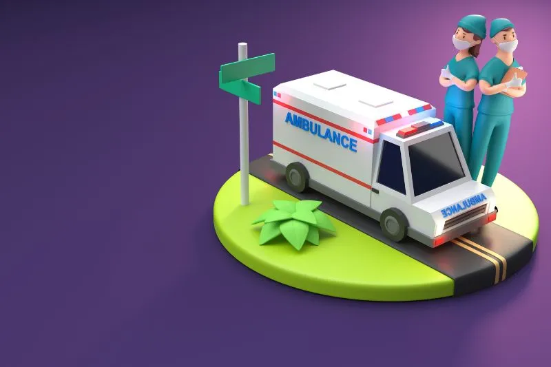 A 3D animated scene showing a stylized ambulance with two medical professionals in scrubs, representing the use of 3D product animation services in enhancing healthcare training and demonstrating medical devices for effective professional development.