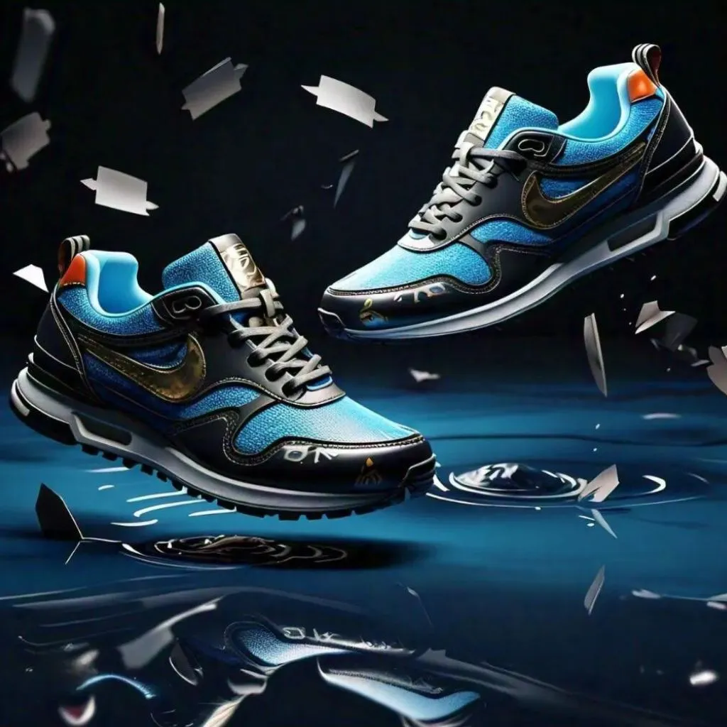 A 3D product animation showcasing a pair of modern athletic shoes with a blue and black color scheme, floating dynamically above a reflective surface with water ripples and floating fragments, highlighting the capabilities of professional 3D product animation services.