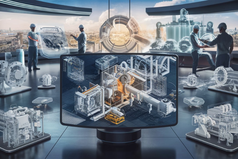 A futuristic setting showcasing 3D animations of industrial machinery and processes on a large screen, with engineers collaborating in the background, highlighting the precision and detail of industrial 3D animation technology.