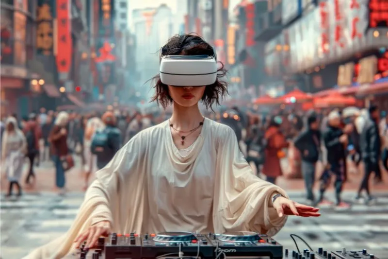 A woman wearing a VR headset in a bustling city street, interacting with a virtual DJ console, representing advanced AR and VR modeling services for immersive and interactive virtual experiences.