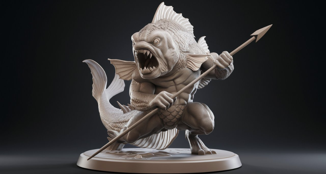 A highly detailed 3D sculpt of a fierce fish warrior holding a spear, showcasing EXPOSIT's expert digital object modeling services, ideal for character modeling and complex organic forms.