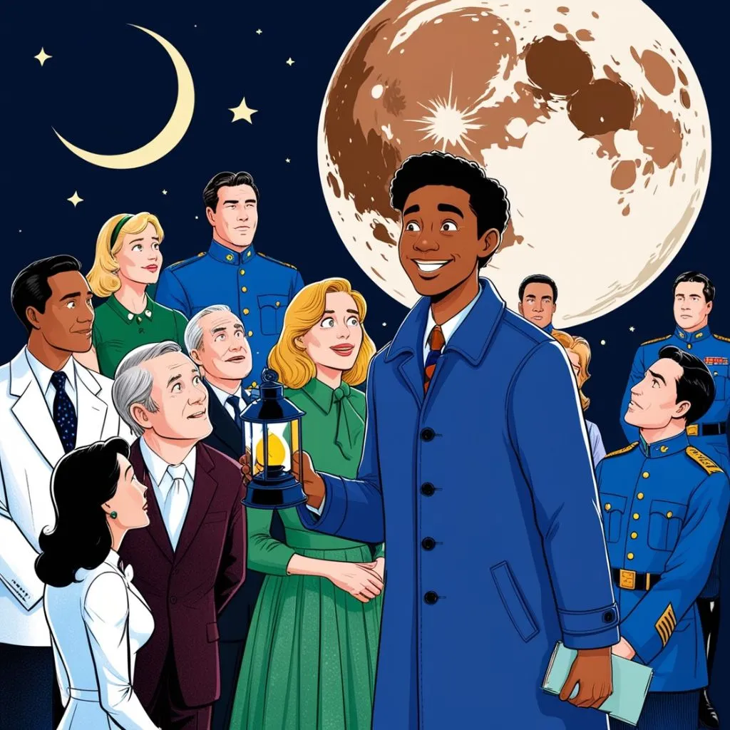 A group of diverse people, including a smiling man holding a lantern, gazing at the moon and stars, symbolizing the innovative and inclusive approach of a top-rated 2D animation services.