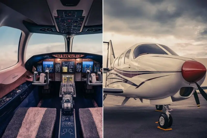 Side-by-side images of a modern aircraft cockpit interior and the exterior of a small aircraft, illustrating EXPOSIT's creation of highly accurate and detailed 3D models for aviation training simulations and marketing purposes, enhancing training effectiveness and customer interest.