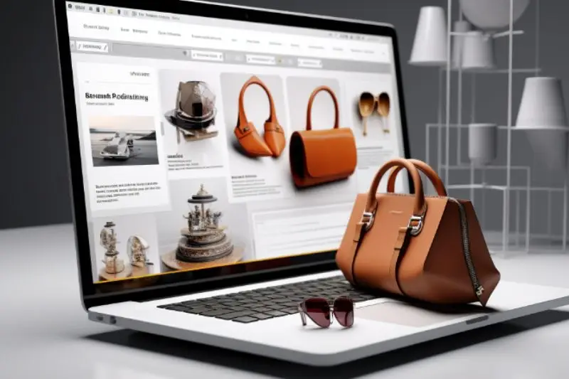 Realistic 3D model of a handbag displayed on a laptop screen showcasing an e-commerce platform, illustrating EXPOSIT's expertise in creating high-resolution, detailed 3D models for online stores, leading to increased conversion rates and reduced return rates.