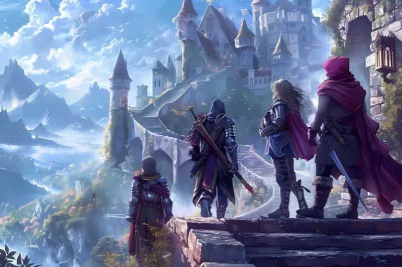 A group of four adventurers in medieval armor stand overlooking a vast fantasy landscape with a castle, illustrating high-quality 3D game models and detailed environment design created by a leading 3D animation company.