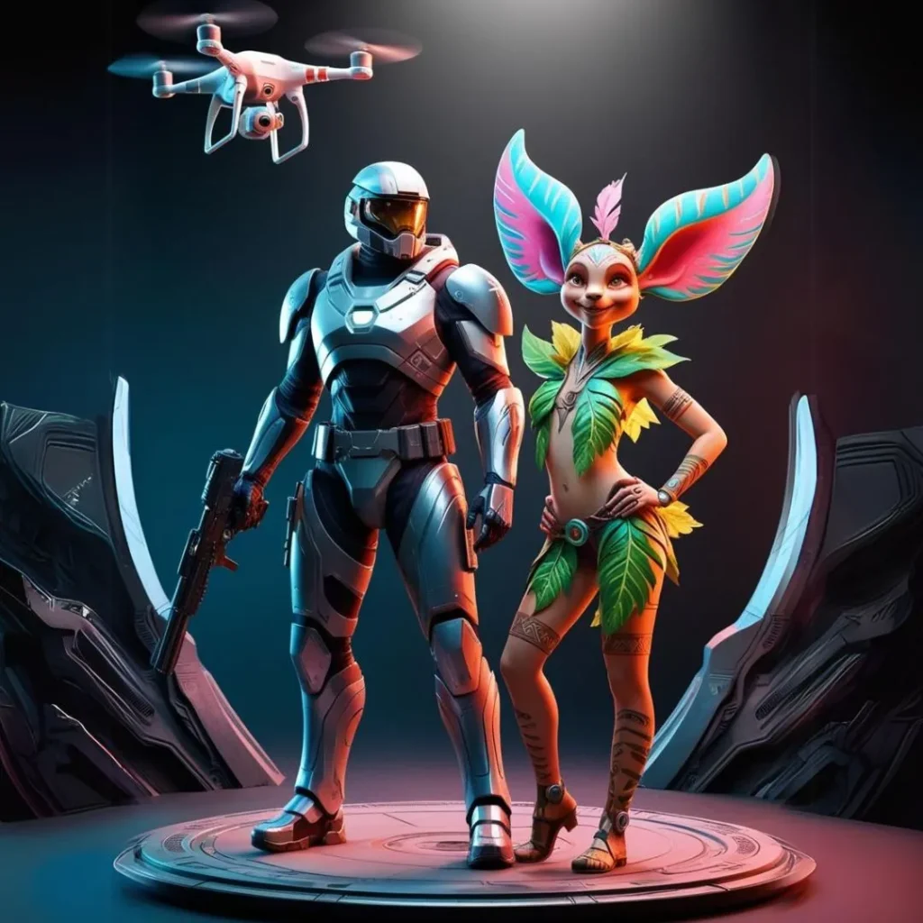 A futuristic soldier and a vibrant, fantasy creature standing on a platform, with a drone hovering above, showcasing the advanced 3D modeling and design expertise of Exposit, emphasizing realism, customization, and cutting-edge technology in game development.