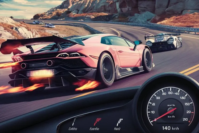 A high-speed racing scene featuring a detailed 3D model of a sports car with flames shooting from the exhaust, racing along a winding mountain road, showcasing advanced 3D modeling techniques for cars and environments in a visually stunning racing game.