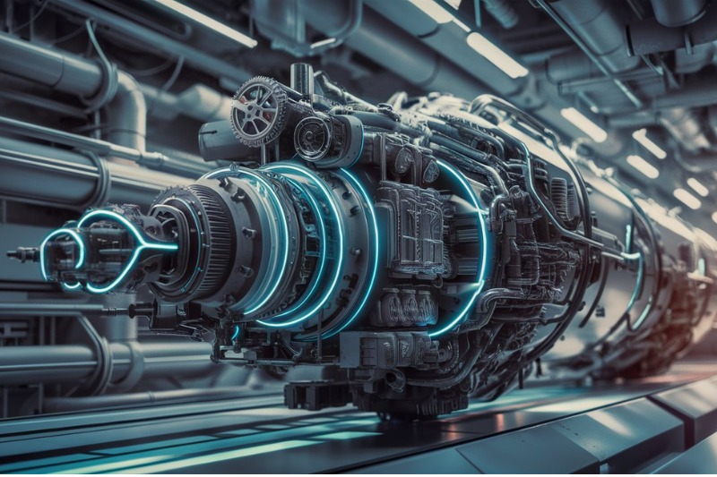 Close-up view of complex industrial machinery, highlighted with neon lights, representing advanced 3D mechanical animation used in manufacturing for visualizing internal processes and machinery operations.