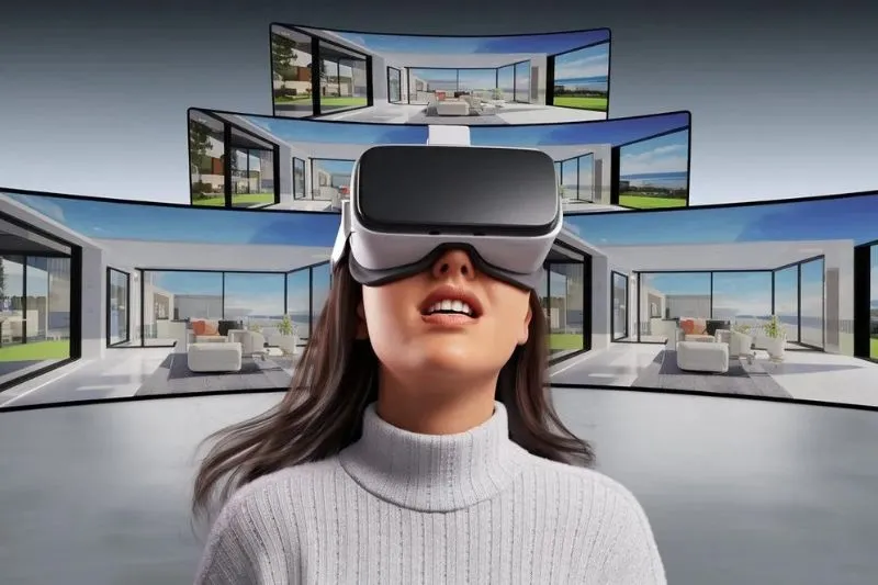 A woman wearing a virtual reality headset experiencing a 360 virtual tour of a modern architectural space, showcasing the capabilities of architectural animation services for creating interactive and immersive 3D environments.