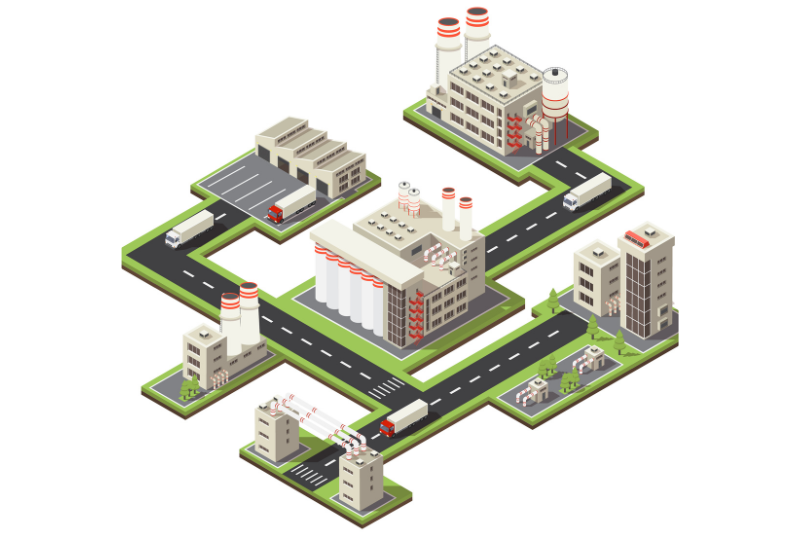 Isometric 3D illustration of an industrial complex with factories, warehouses, and connected roads, showcasing the use of industrial 3D animation for immersive and interactive real estate property visualizations.