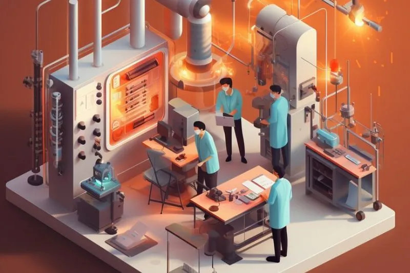 A detailed 3D animation depicting a team of engineers working in an industrial setting with complex machinery and control panels, demonstrating industrial 3D animation services for training, marketing, and educational purposes.