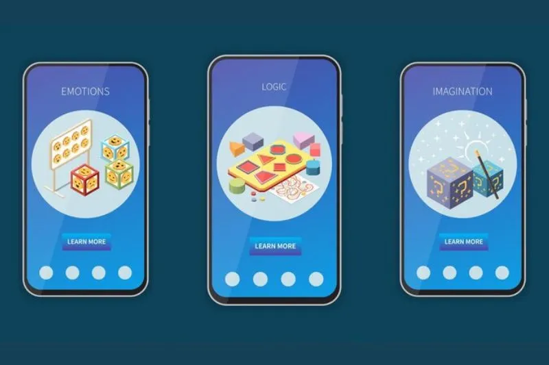 Three mobile screens showcasing educational games focused on emotions, logic, and imagination, featuring interactive 3D models designed to enhance learning and engagement for students through visually appealing and informative gameplay.