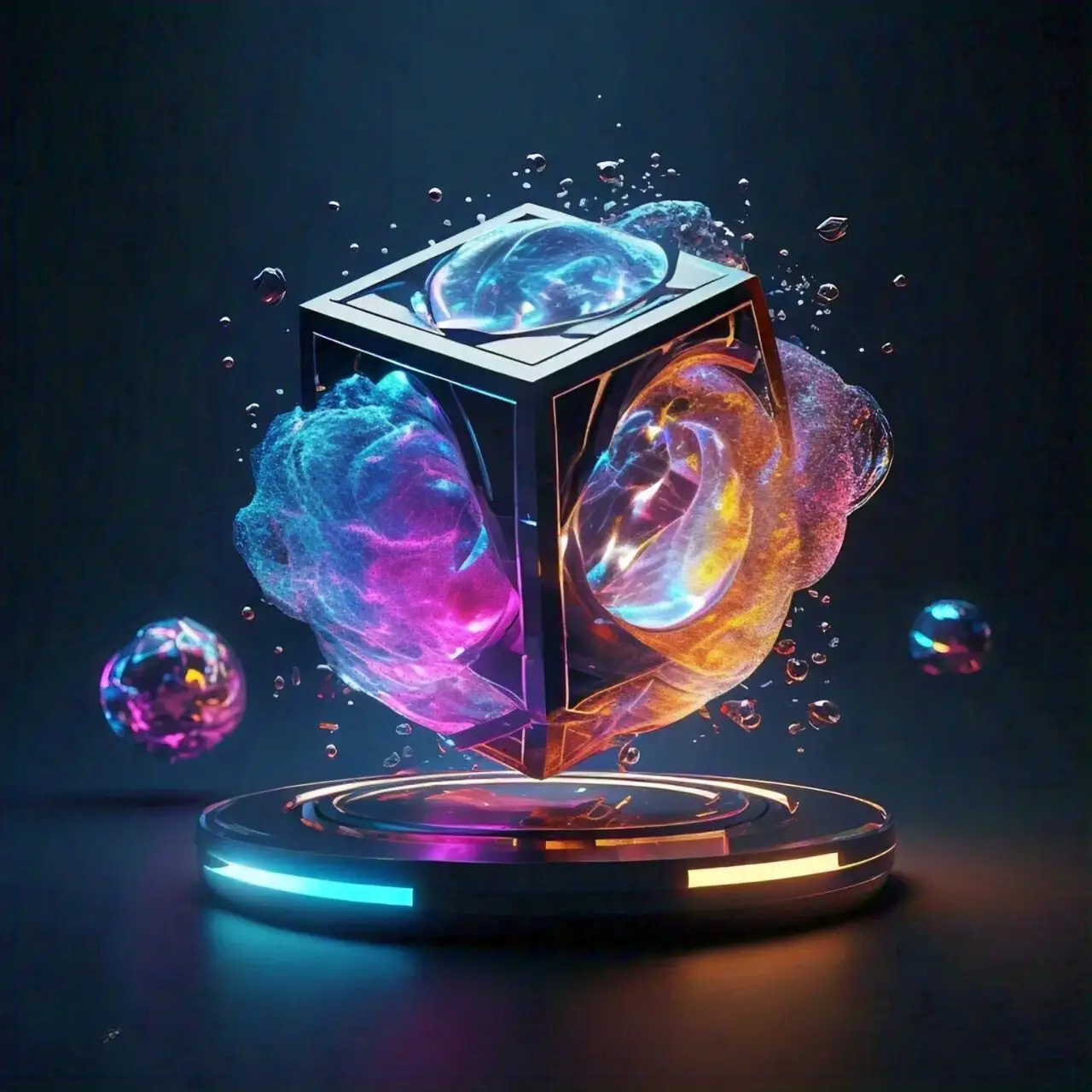 A vibrant 3D art piece featuring a glowing cube with swirling, colorful forms and intricate lighting, illustrating the principles of form, space, lighting, colors, textures, proportion, and composition, expertly applied by EXPOSIT's artists.