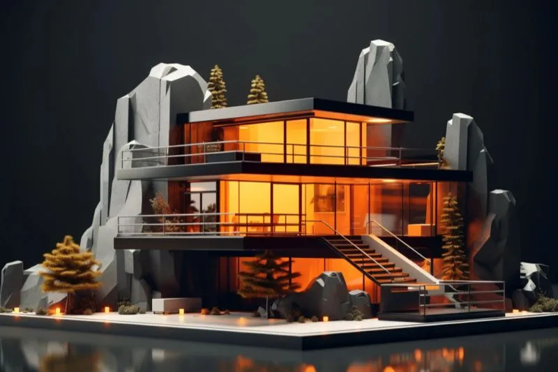 A 3D architectural animation of a contemporary mountain home with glass walls and illuminated interiors, surrounded by rugged rocks and pine trees, showcasing the capabilities of architectural animation services in creating immersive virtual experiences.