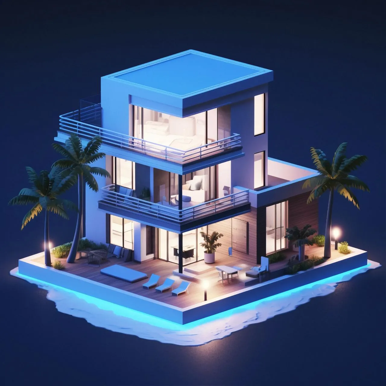 A realistic 3D architectural animation of a luxury, multi-story home surrounded by water, showcasing modern design elements and illuminated exteriors, created by an architectural animation studio.