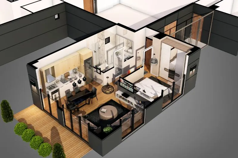 A detailed 3D floor plan of a modern apartment, showcasing an open kitchen, dining area, living room, bedroom, and bathroom layout, created using architectural animation services to provide a realistic visualization of the interior space.