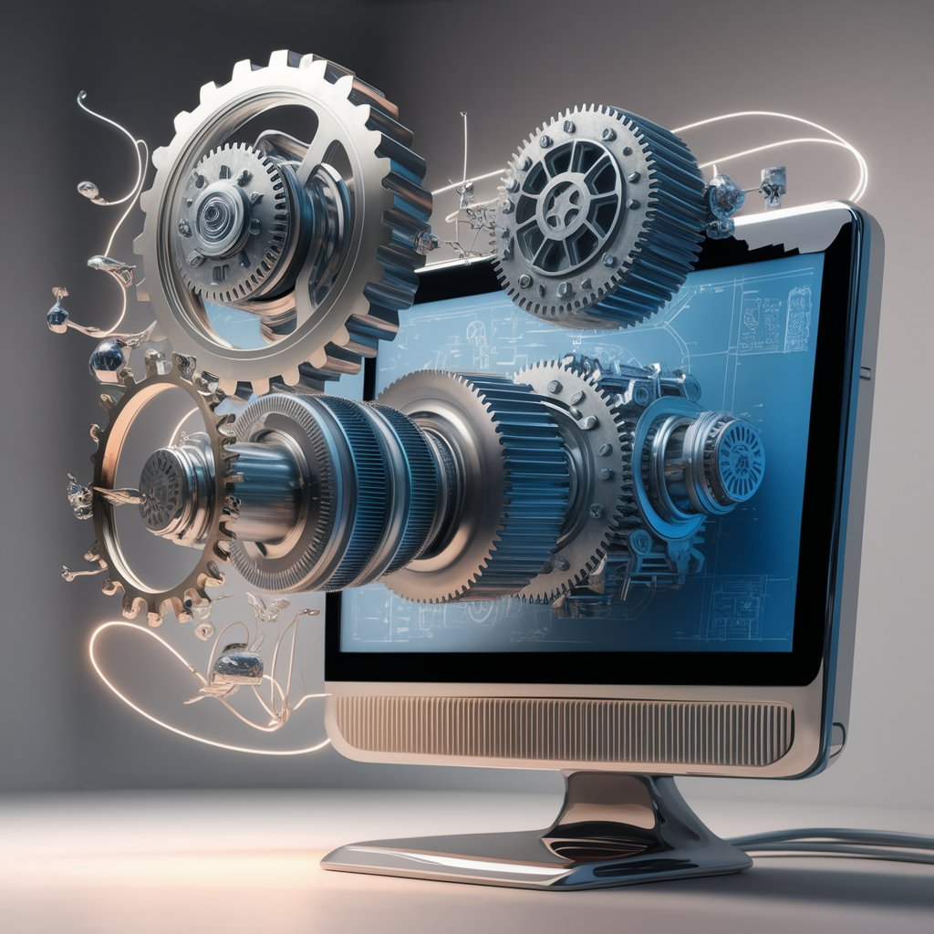 High-quality 3D animation of interlocking gears emerging from a computer screen, representing expert industrial animation services for manufacturing processes.