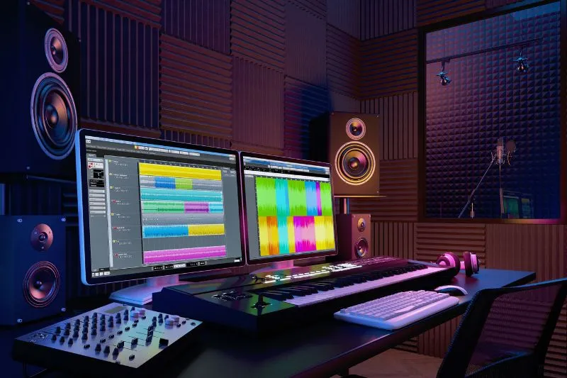 A professional audio production setup in a 3D animation studio featuring dual monitors with sound editing software, a keyboard, speakers, and soundproof walls, used for creating high-quality 3D animation videos and sound design.