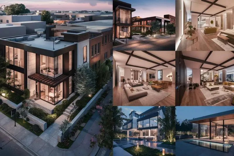 Composite image of a modern property with detailed 3D visualizations showing both interior and exterior views under different lighting conditions, created by EXPOSIT to enhance real estate marketing and sales presentations, leading to increased inquiries and sales.