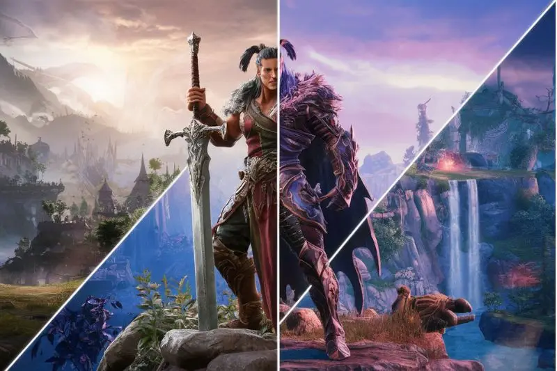 Composite image showcasing high-quality 3D character models and fantasy landscapes from a video game, illustrating EXPOSIT's expertise in creating detailed and engaging 3D assets and environments for the gaming industry, leading to increased pre-orders and sales.