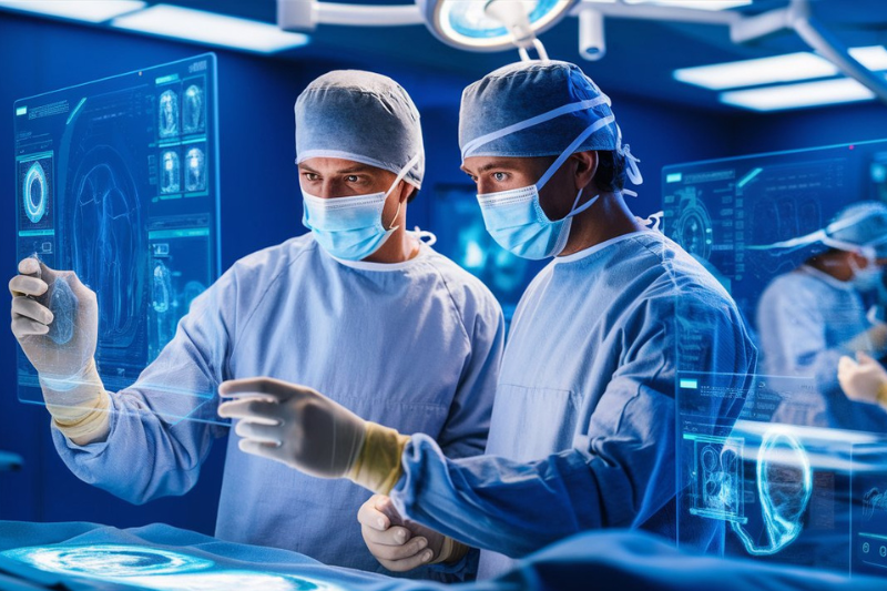 Two surgeons in a high-tech operating room reviewing detailed 3D medical imaging displays, showcasing advancements in 3D visualization for healthcare procedures.