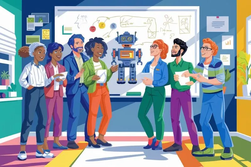 A diverse group of professionals collaborating in a classroom, with a robot illustration on a whiteboard, symbolizing the use of 2D animation by a top animation company to make complex scientific concepts engaging and easy to understand for students.