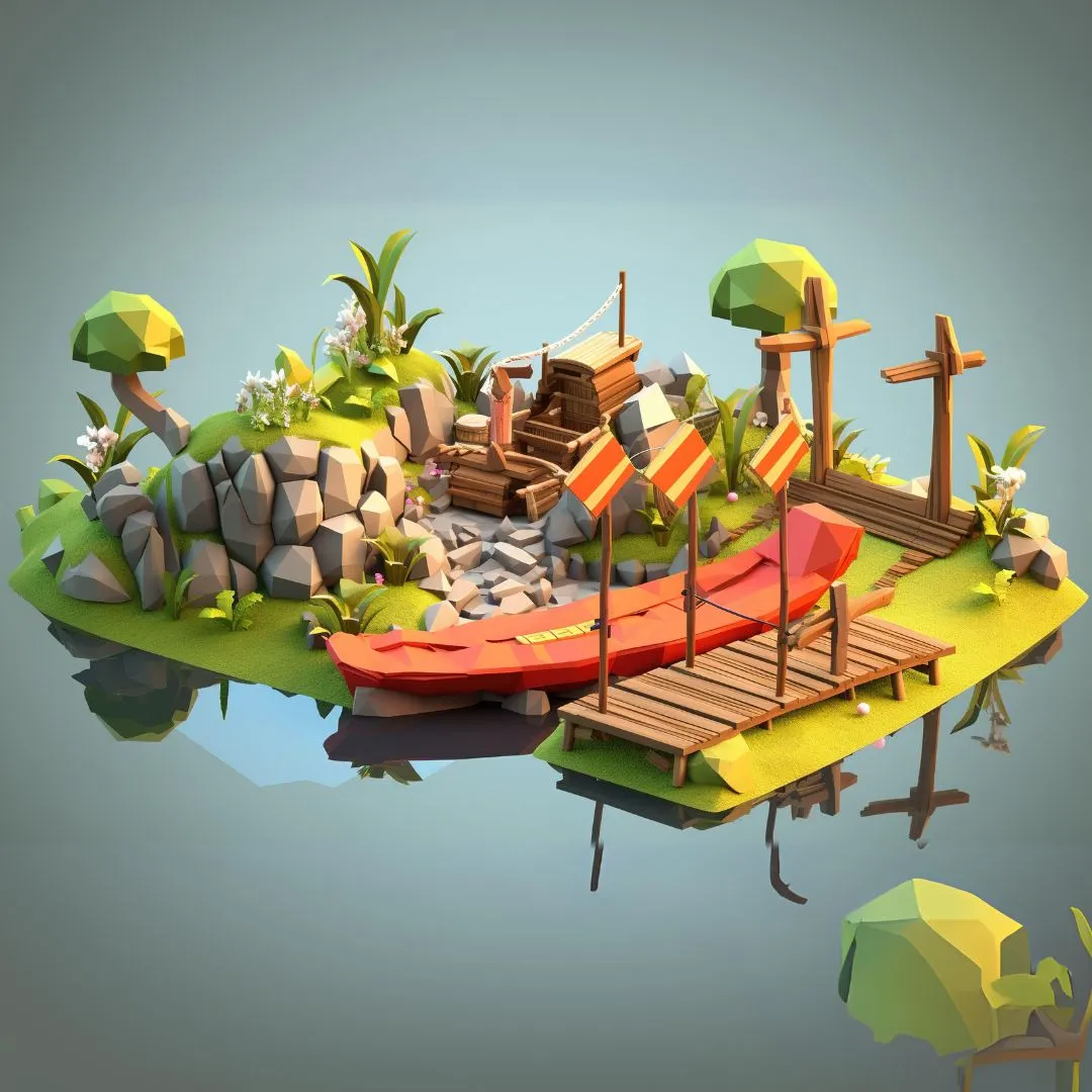 A colorful, low-poly 3D game environment featuring a small island with a wooden dock, a red canoe, rocky terrain, and lush vegetation, showcasing expert 3D game modeling and design by Exposit.